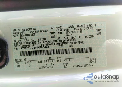 2022 Ford F-150 Xl из США, поврежденный, VIN 1FTMF1EB2NKF03444